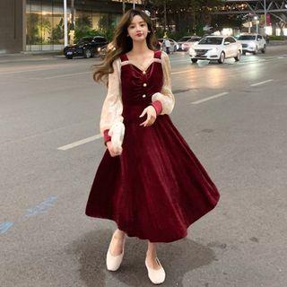 Long-sleeve Dotted Frill Trim Midi A-line Dress