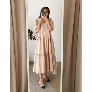 Puff-sleeve Tiered Maxi Linen Dress