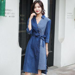 Elbow-sleeve Stripe Panel A-line Denim Dress