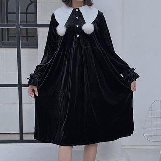 Long-sleeve Bobble Velvet Midi A-line Dress
