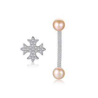 Sterling Silver Fashion Creative Cross Geometry Purple Freshwater Pearl Asymmetric Earrings With Cubic Zirconia Silver - One Size