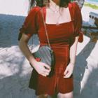 Short-sleeve Open Back A-line Mini Velvet Dress