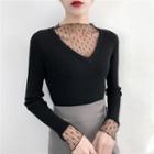 Mock Two-piece Long-sleeve Mesh Panel Knit Top