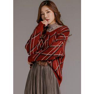 V-neck Checked Sweater Wine Red - One Size