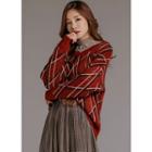 V-neck Checked Sweater Wine Red - One Size