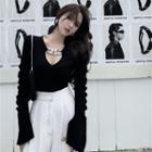 Bell-sleeve Chain-accent Knit Top Black - One Size