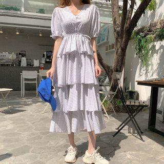 Puff-sleeve Dotted Layered Dress