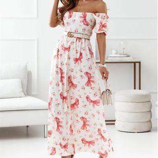 Off-shoulder Bow Print Maxi A-line Dress