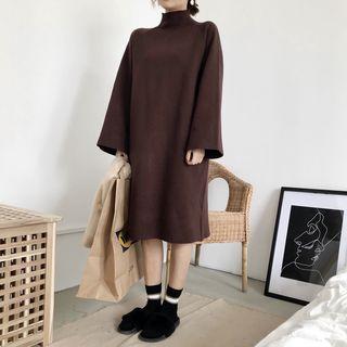 Plain Mock Neck Long Sleeve Midi Knit Dress