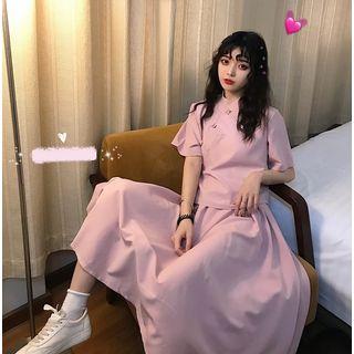 Plain Short-sleeve Blouse / High Waist Midi A-line Skirt