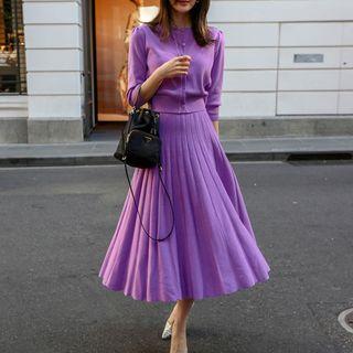 Set: Plain 3/4 Sleeve Cardigan + A-line Accordion Knit Skirt