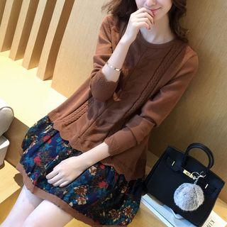 Floral Print Hem Long Sleeve Sweater Dress