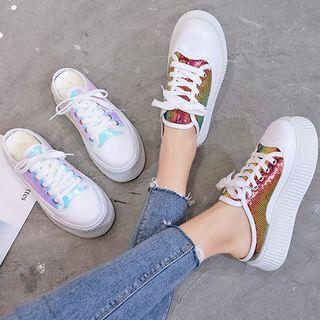 Sequined Lace-up Platform Sneaker Mules
