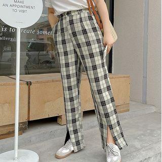Plaid Slit Wide Leg Pants