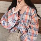 Color-block Plaid V-neck Puff-sleeve Blouse
