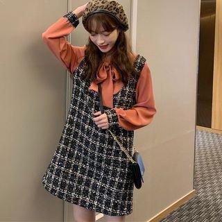 Tweed Panel Mock Two Piece Bow Neck Dress