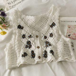 Embroidered Button-up Open-knit Crop Tank Top
