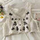 Embroidered Button-up Open-knit Crop Tank Top