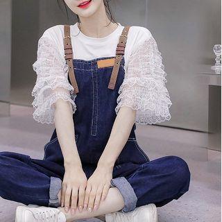 Elbow-sleeve Lace Blouse / Denim Dungaree / Set