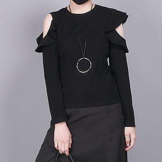 Ruffled Cold-shoulder Long-sleeve T-shirt