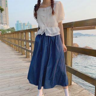 Embroidered Short Sleeve Blouse / A-line Skirt