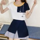 Set: Color Block Short-sleeve T-shirt + Striped Panel A-line Skirt