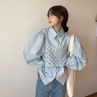 Set: Long-sleeve Shirt + Spaghetti Strap Knit Top