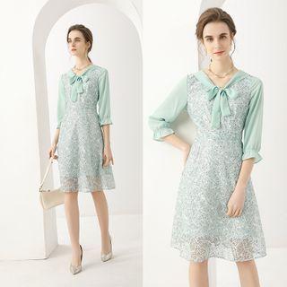 Elbow-sleeve Floral Print Tie-neck Midi A-line Dress