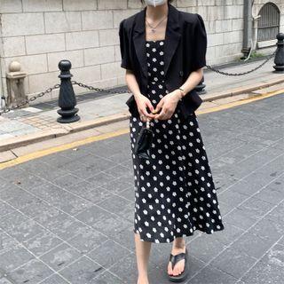 Short-sleeve Plain Blazer / Leopard Print Strappy Dress