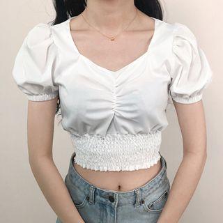 Shirred-front Puff-sleeve Cropped Blouse