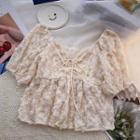 Short-sleeve V-neck Lace Blouse Almond - One Size