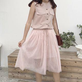 Set: Buttoned Sleeveless A-line Dress + Mesh Skirt