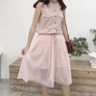 Set: Buttoned Sleeveless A-line Dress + Mesh Skirt