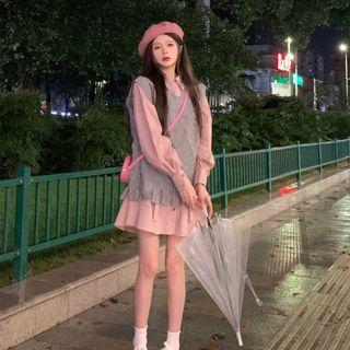 Long-sleeve Mini Shirt Dress / Sweater Vest