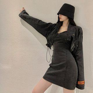 Denim Jacket / Spaghetti Strap Mini Sheath Dress