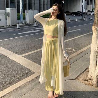 Plain Cropped T-shirt / Wide-leg Pants / Long Cardigan