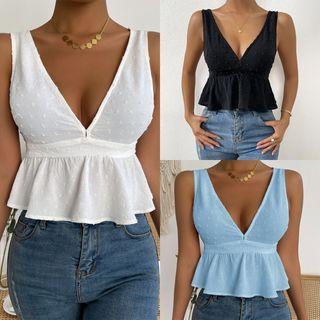 Sleeveless V-neck Plain Crop Top