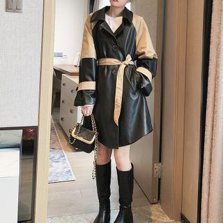 Two Tone Faux Leather Panel Trench Coat
