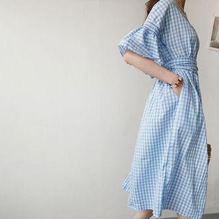 V-neck Bell-sleeve Check A-line Dress