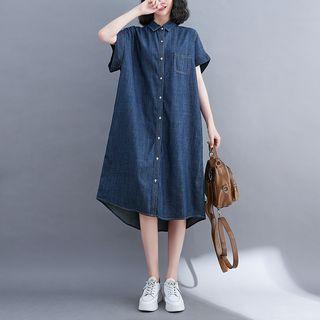 Short-sleeve Polo-neck Denim Shirt Dress