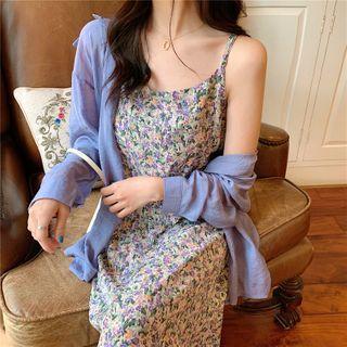 Long-sleeve Shirt / Spaghetti Strap Floral Print Midi A-line Dress