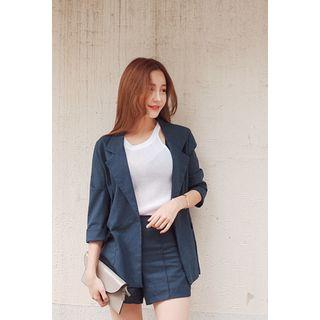 Set: Linen Blend Single-breasted Jacket + Seam-front Shorts