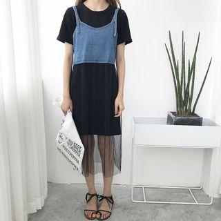 Set: Short-sleeve T-shirt Dress + Mesh Panel Denim Pinafore Dress