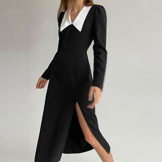 Puff Sleeve Doll-collar Slit Midi Dress