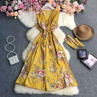 Sleeveless Floral A-line Dress Yellow - One Size