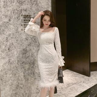 Furry Trim Bell-sleeve Sheath Dress