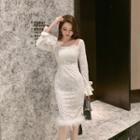 Furry Trim Bell-sleeve Sheath Dress
