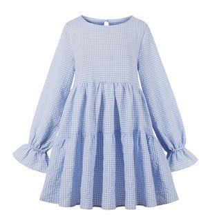 Long-sleeve Check Tiered Mini A-line Dress