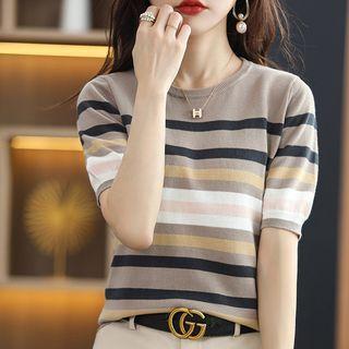 Short-sleeve Striped Knit Top Milky Brown - One Size