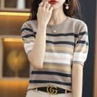 Short-sleeve Striped Knit Top Milky Brown - One Size